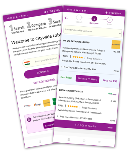 CitywideLab app screen showing diagnostic test price comparison across trusted labs to help users book affordable lab tests